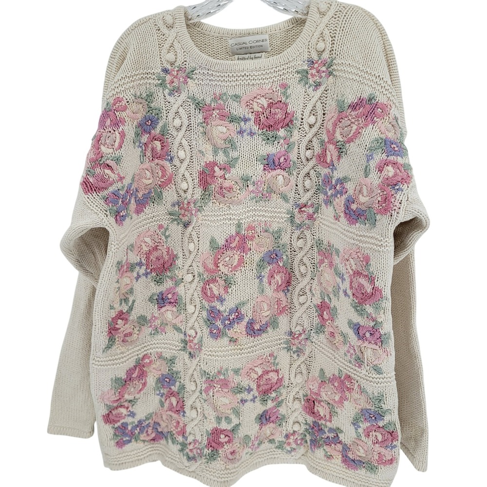 Casual Corner Limited Edition Hand Knitted Floral Embroidered Sweater XL Cream